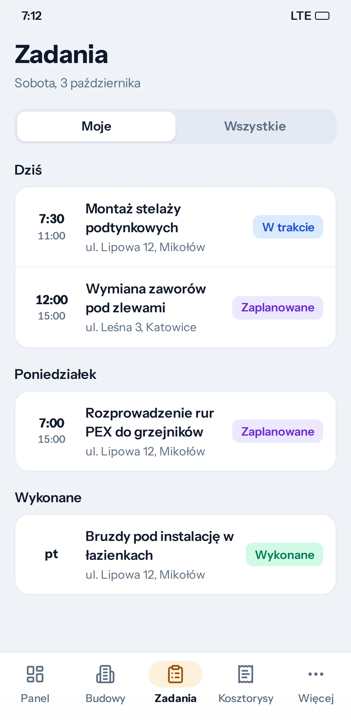 Lista zadań pracownika na dziś w aplikacji na Androida.