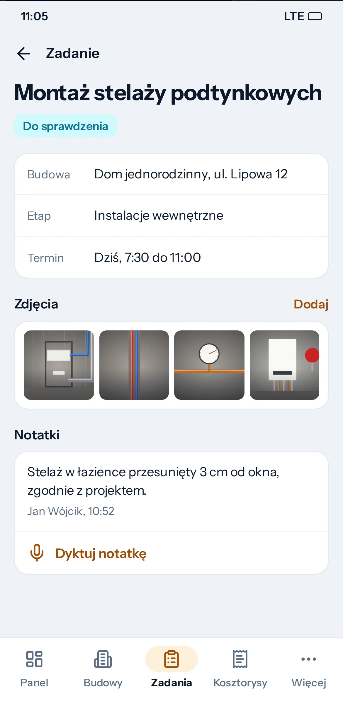 Zadanie w aplikacji HydApp na Androidzie: szczegóły, zdjęcia i notatka.