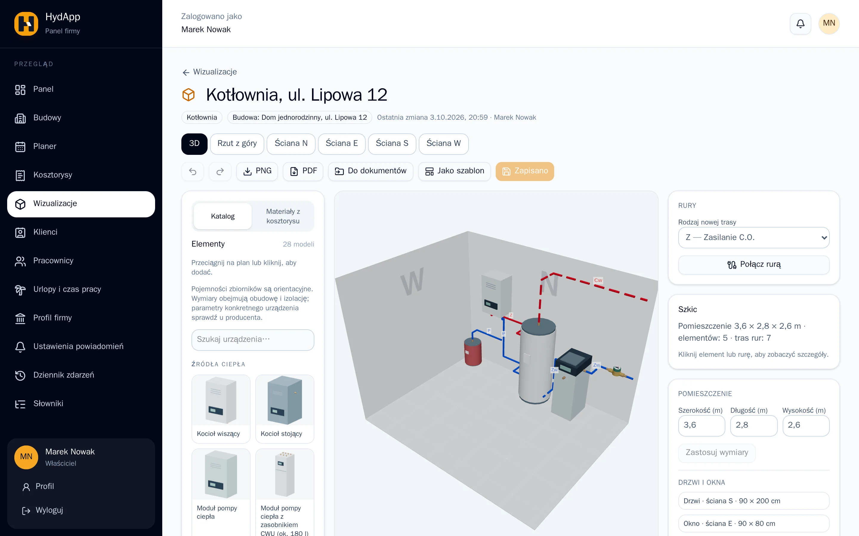 Edytor szkicu kotłowni w widoku 3D z katalogiem urządzeń i trasami rur.