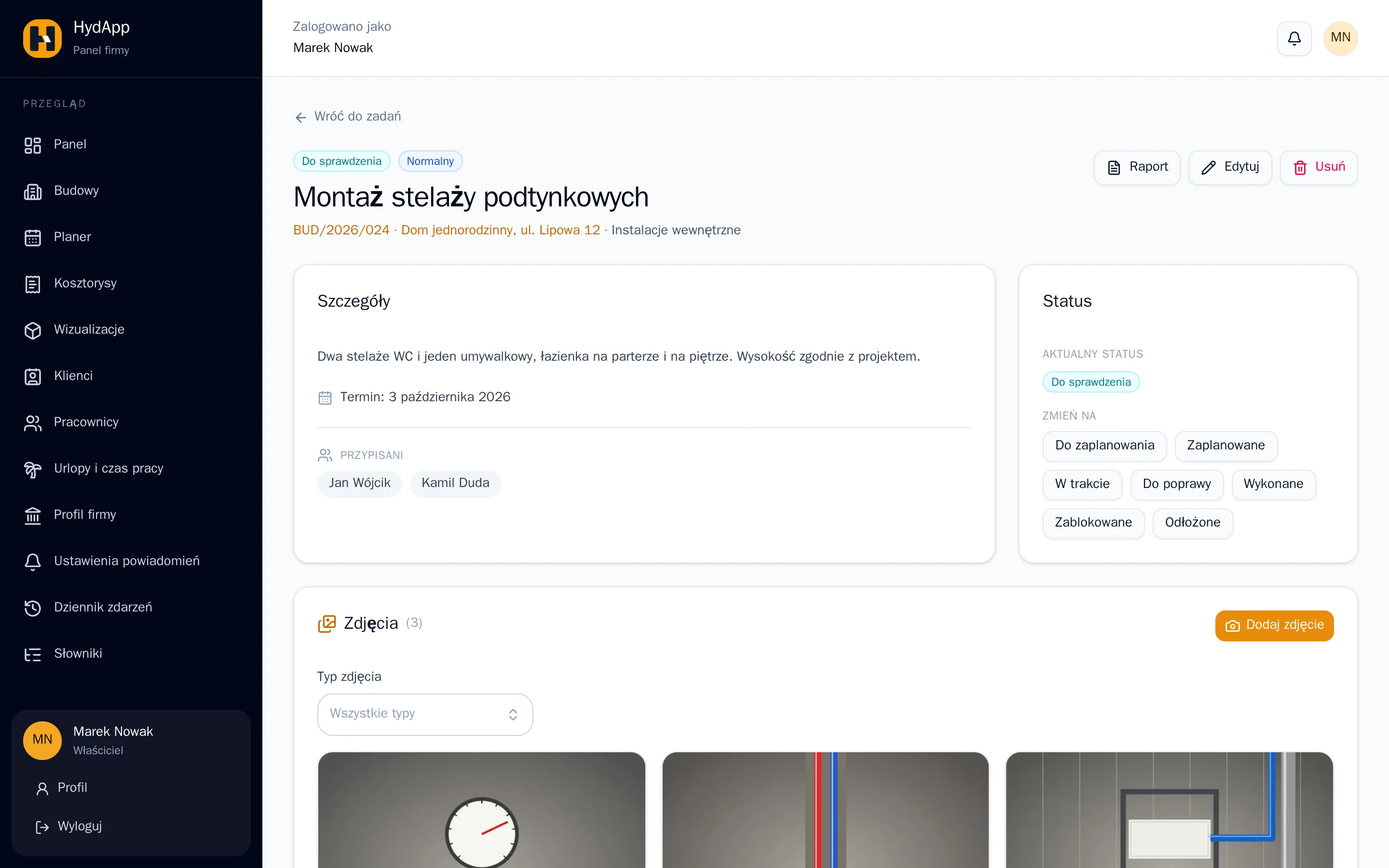 Zadanie w HydApp: opis, termin, przypisane osoby, status i zdjęcia.